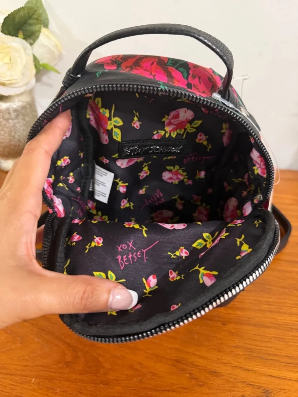 Betsey Johnson Mini Backpack Rose & Black Cat Face NWT